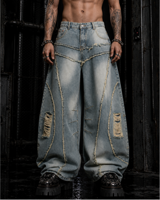 Distressed Wide-Leg Patchwork Jeans