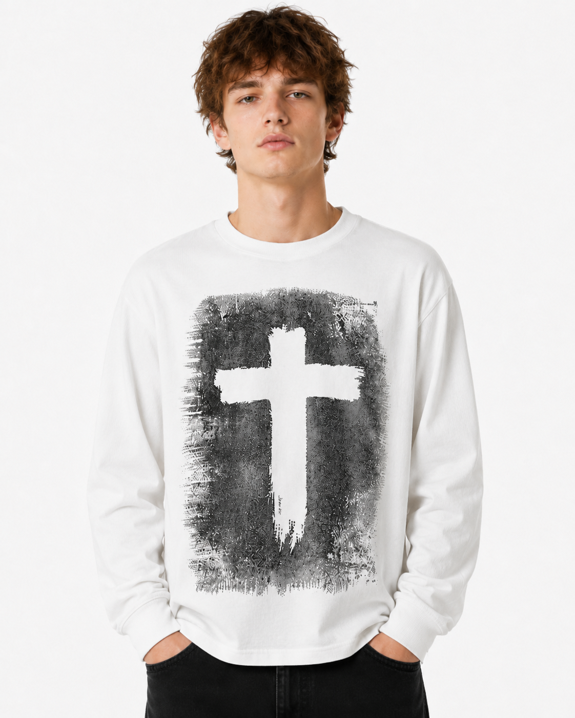 KIIKIO Vintage-Style Cross Print Long-Sleeve T-Shirt