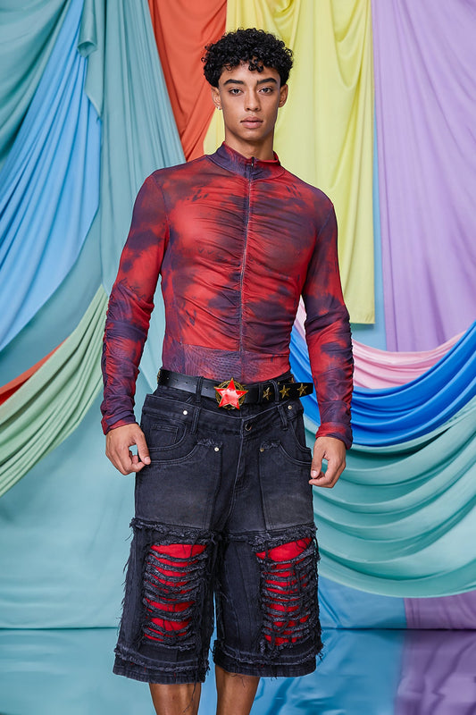 Clean Mist Print Zipper Mesh Top Red