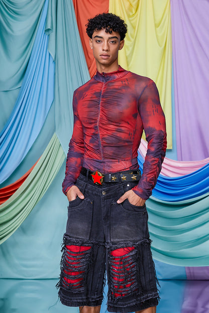 Clean Mist Print Zipper Mesh Top Red