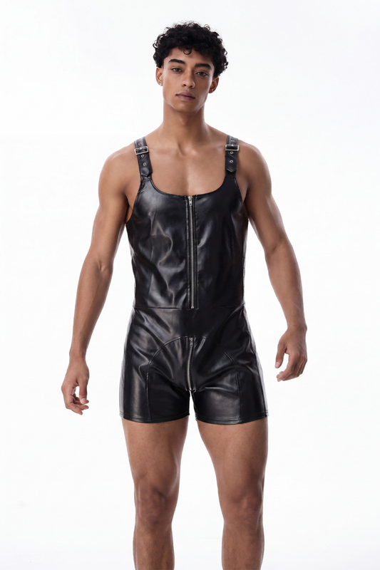 Closed Circuit Leather Zipper Buckle Playsuit
