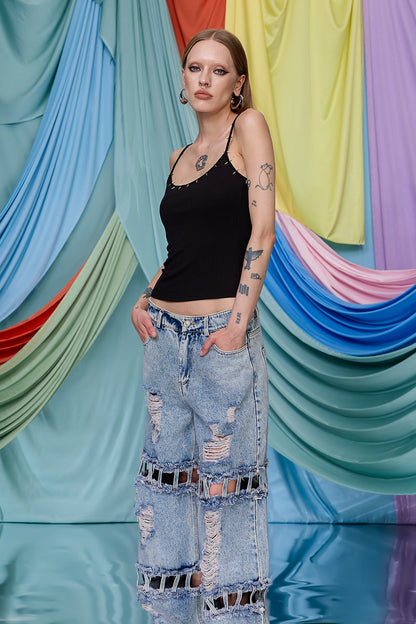 Cobalt Slice Studded Spaghetti Crop Top