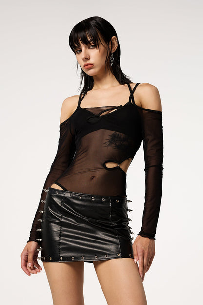 Cold Curve Long Sleeve Off Shoulder Mesh Hollow Out Button bodysuit