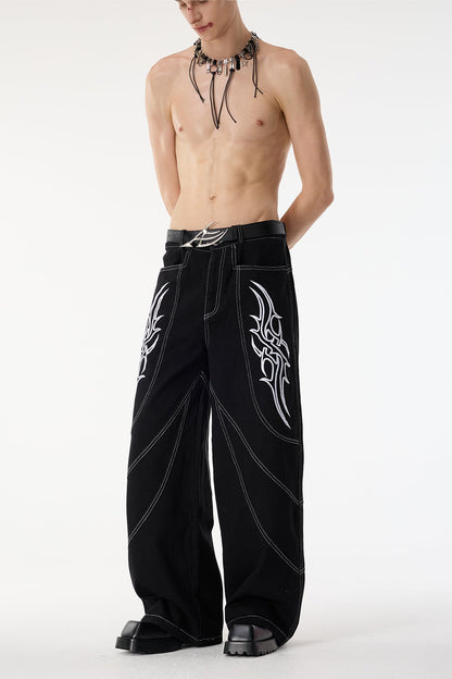 Collapse Mood Embroidery Wide Leg Jeans