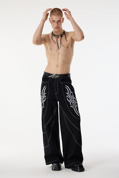 Collapse Mood Embroidery Wide Leg Jeans