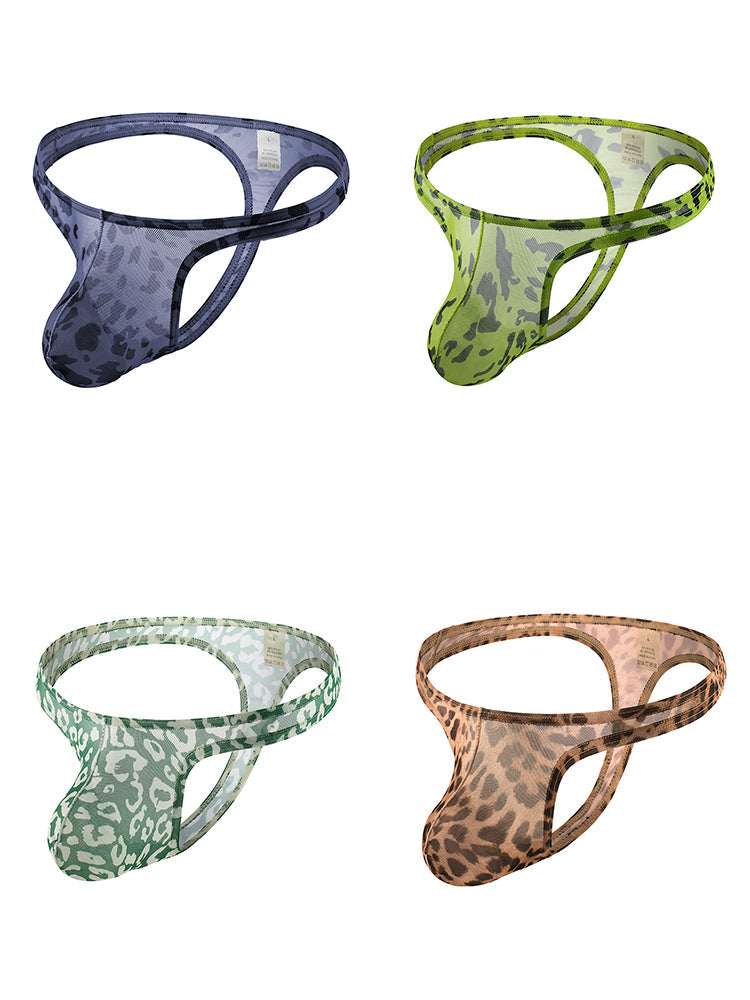 4 Pack Leopard Print See-through Mesh Thongs