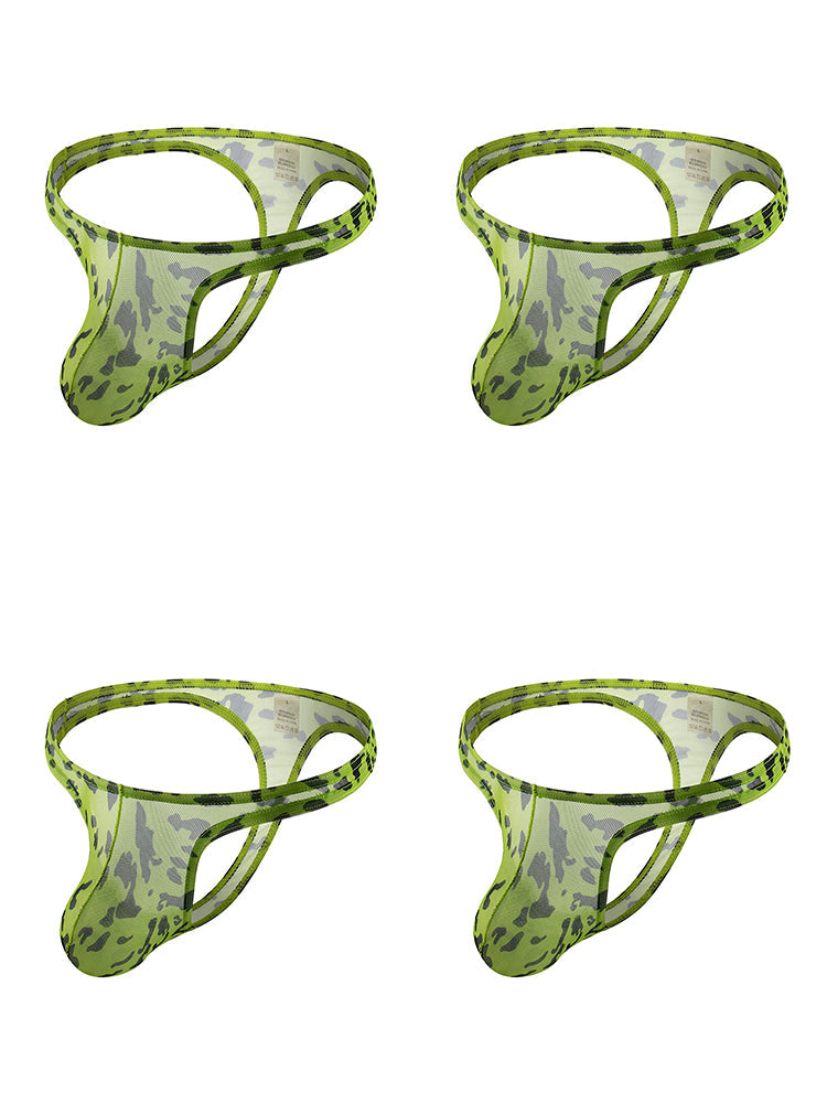 4 Pack Leopard Print See-through Mesh Thongs