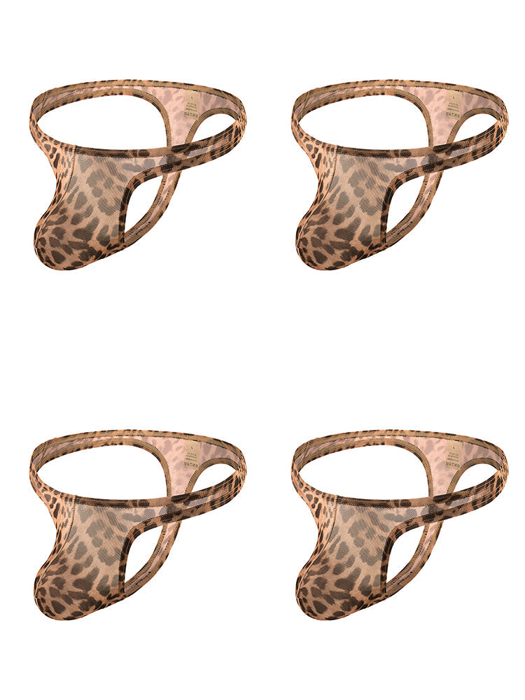 4 Pack Leopard Print See-through Mesh Thongs