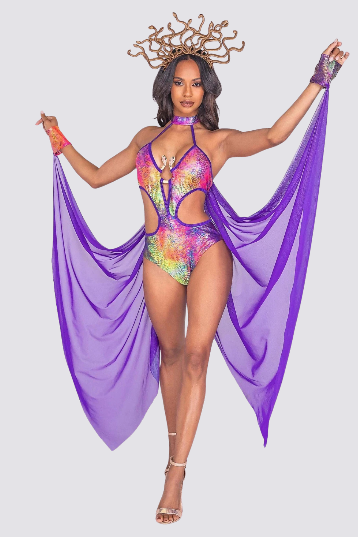 Color Clash Cutout Print Halter Neck Bodysuit