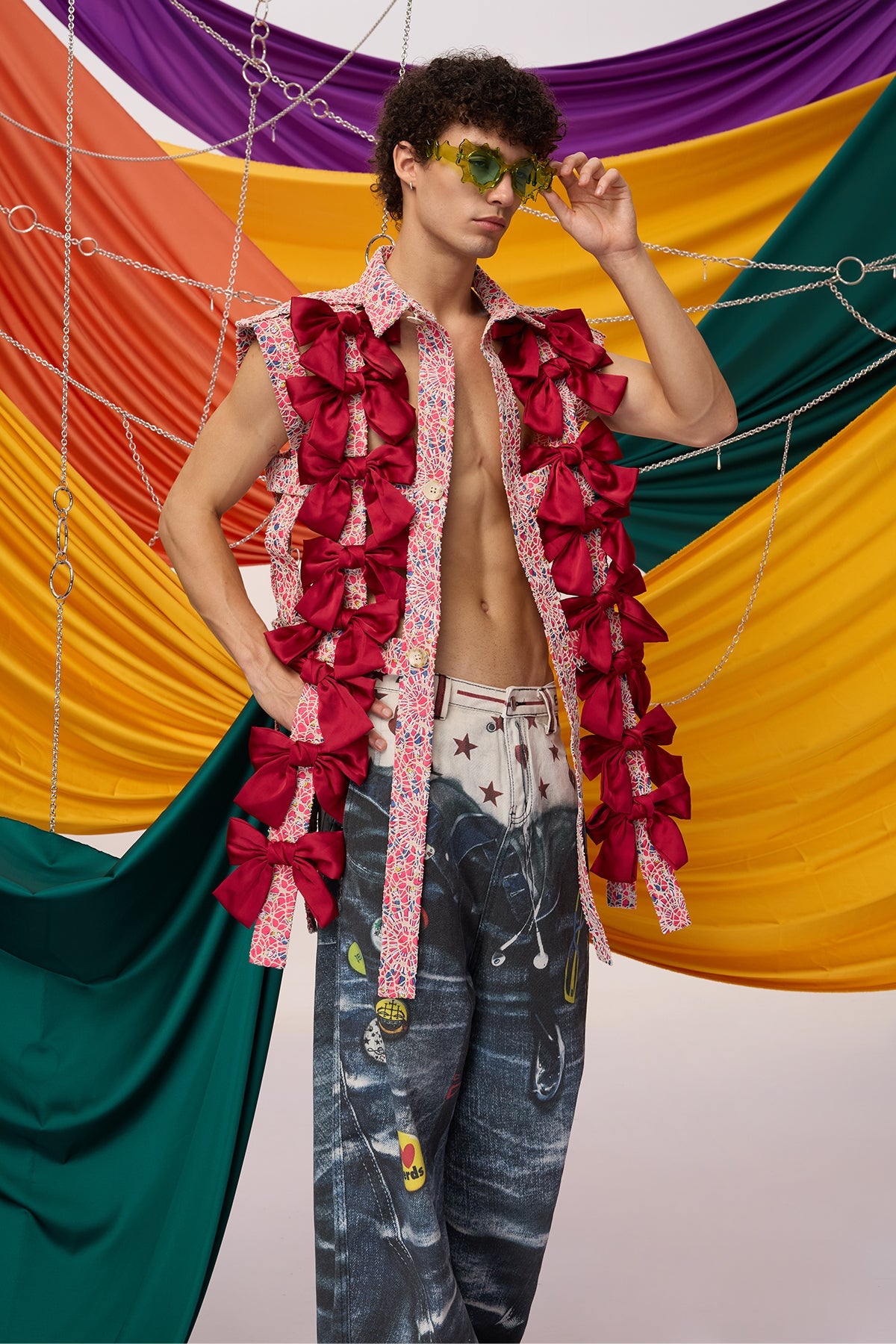 Color Surge Bow Cutout Embroidery Sleeveless Top
