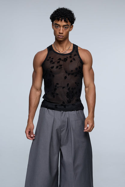 Complex Grid Rose Mesh Tank Top