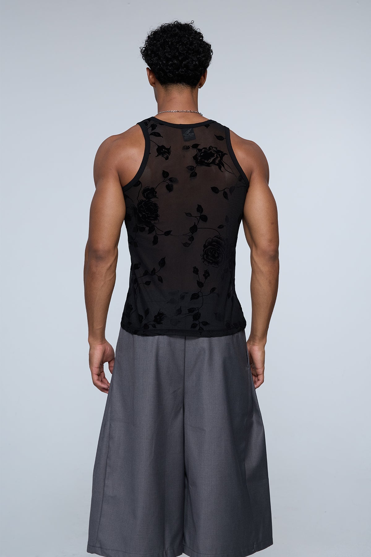 Complex Grid Rose Mesh Tank Top