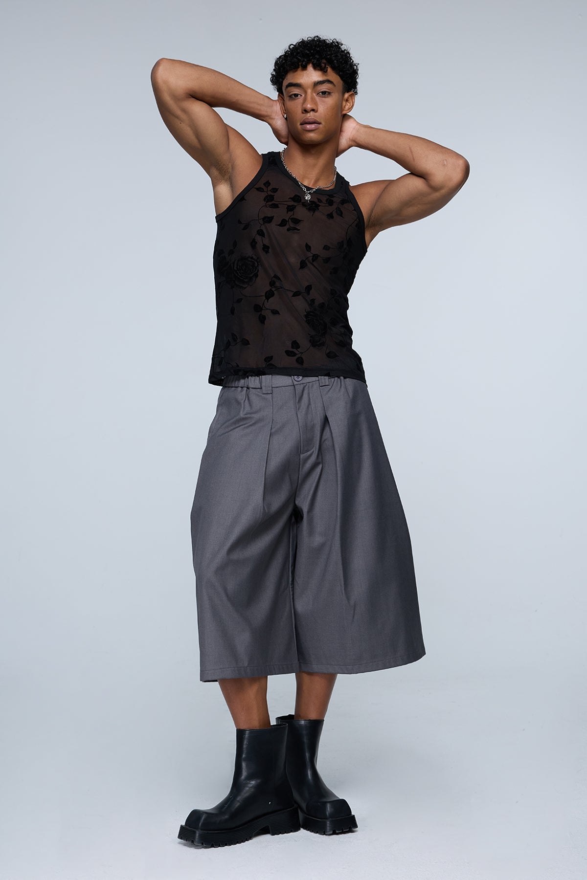 Complex Grid Rose Mesh Tank Top