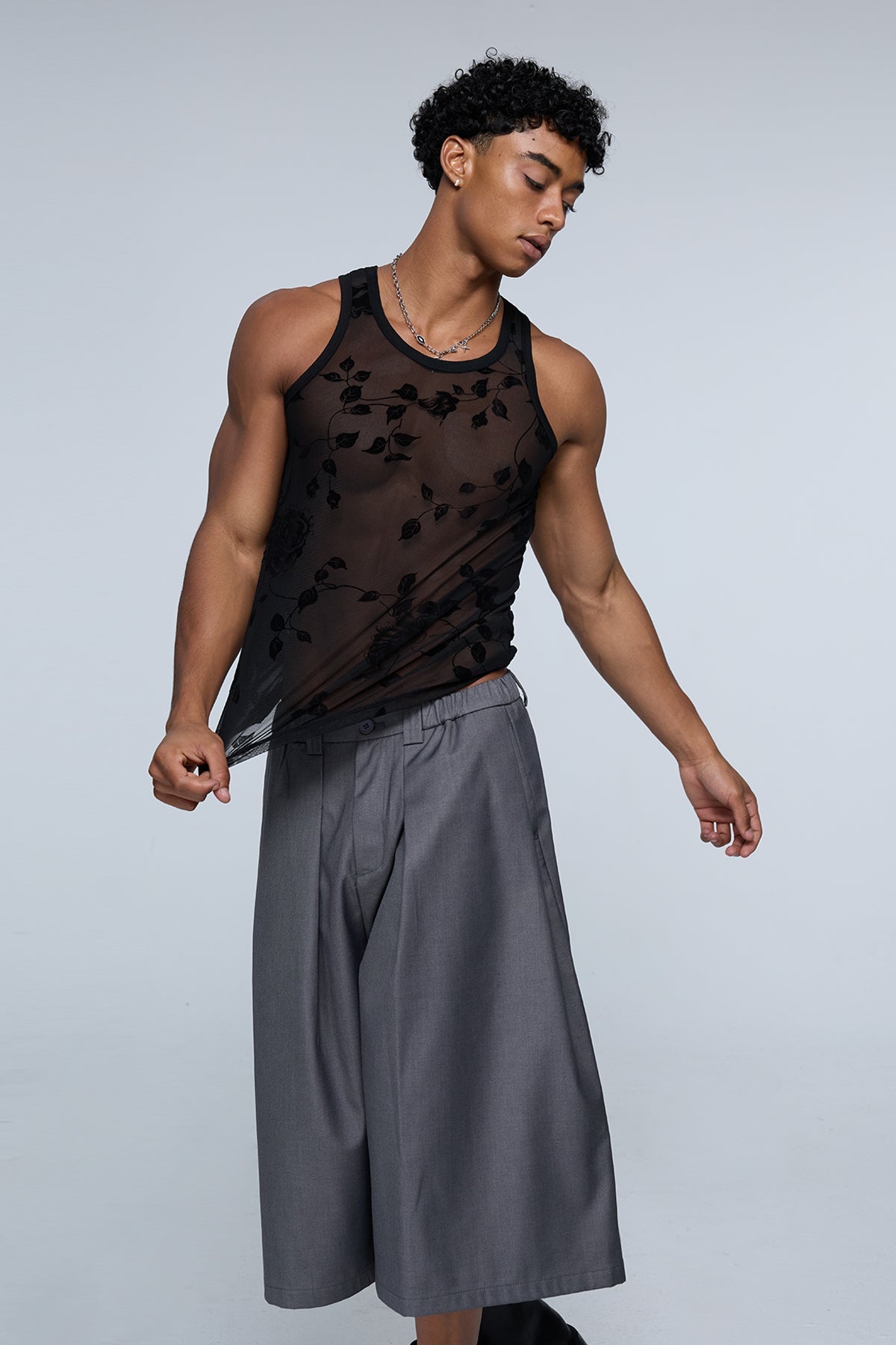 Complex Grid Rose Mesh Tank Top