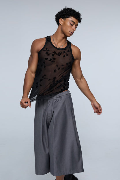 Complex Grid Rose Mesh Tank Top