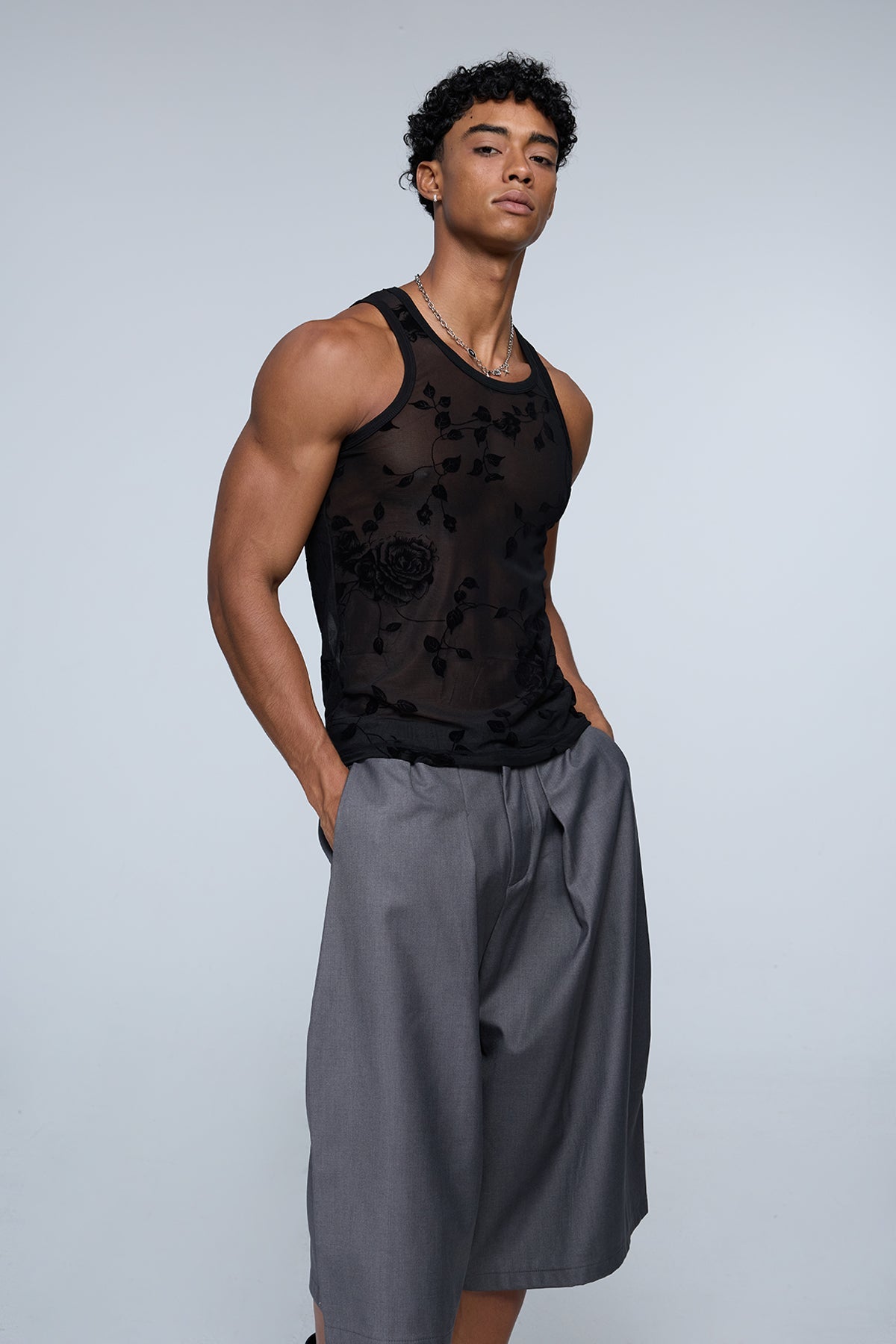 Complex Grid Rose Mesh Tank Top