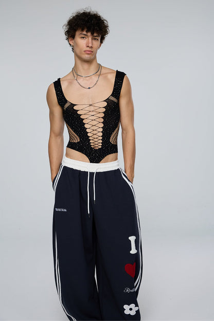 Continuous Shape Rhinestone Fishnet Cutout Bodysuit