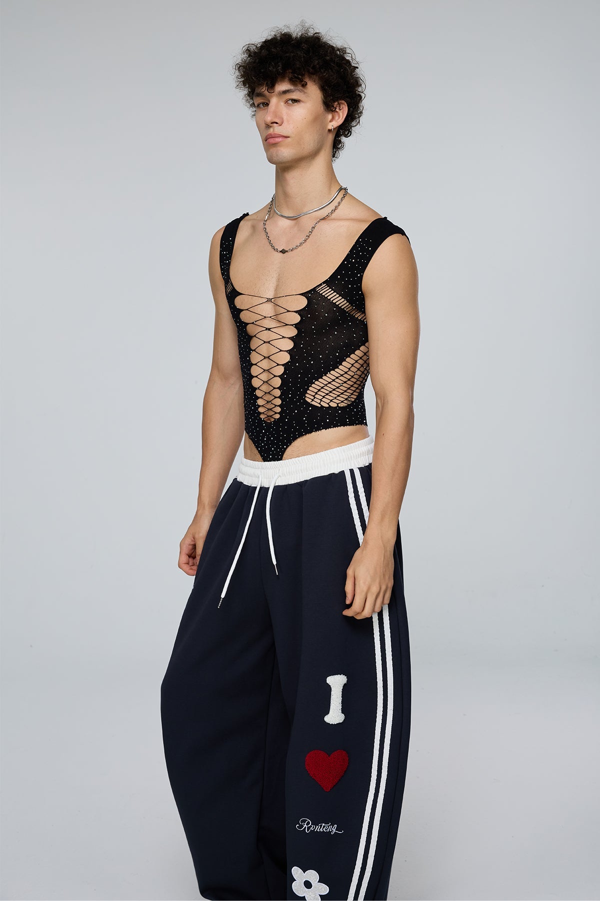 Continuous Shape Rhinestone Fishnet Cutout Bodysuit