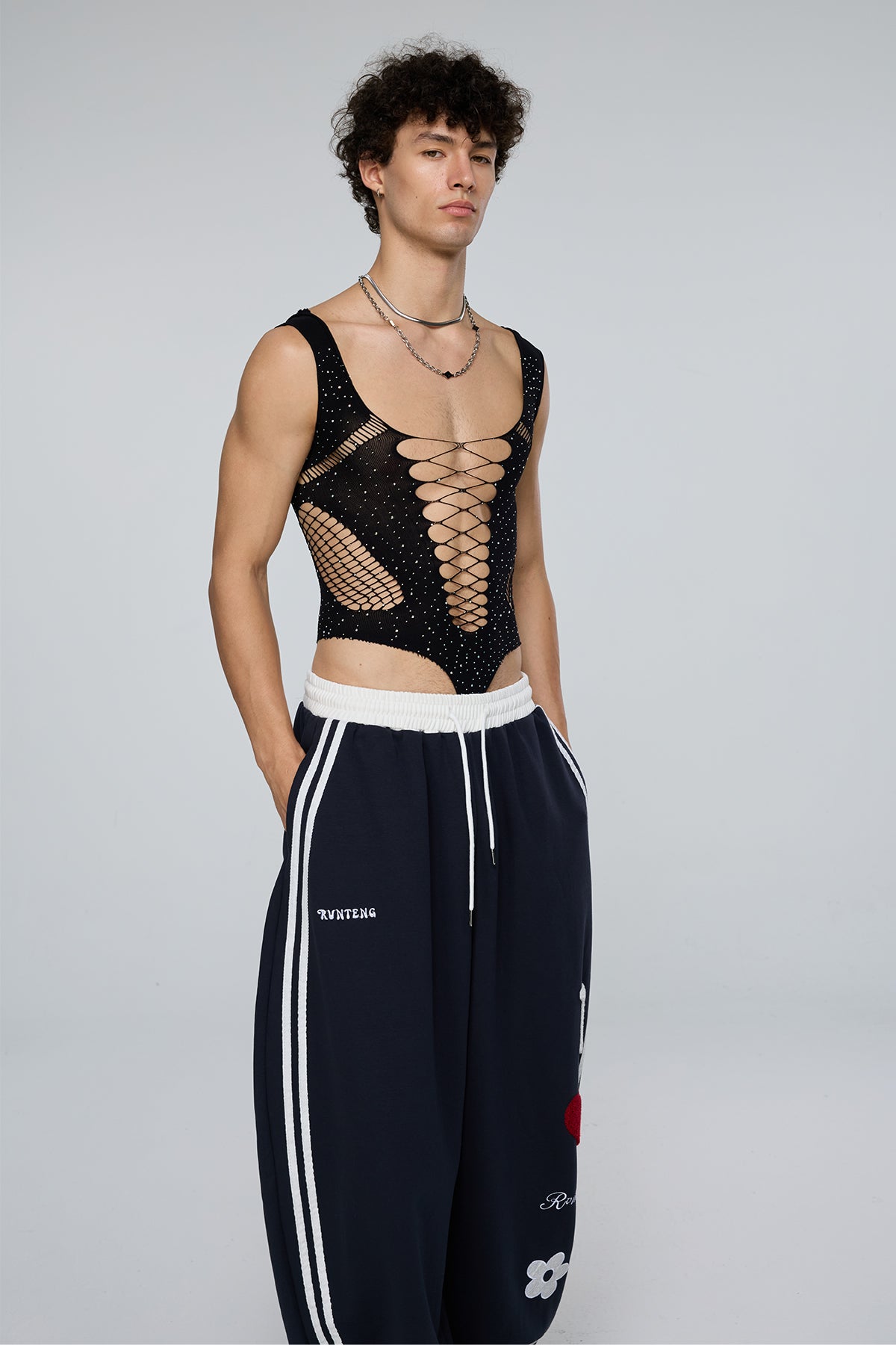 Continuous Shape Rhinestone Fishnet Cutout Bodysuit