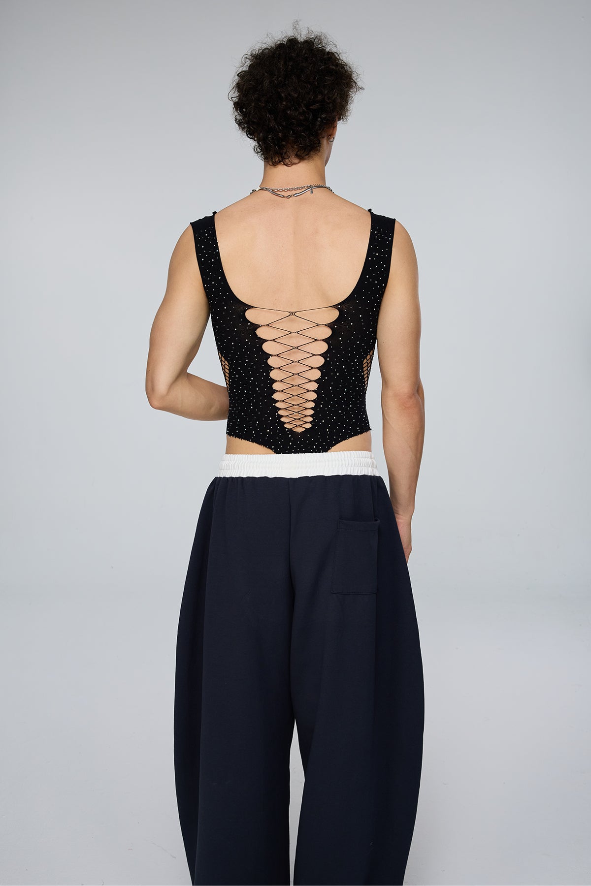 Continuous Shape Rhinestone Fishnet Cutout Bodysuit
