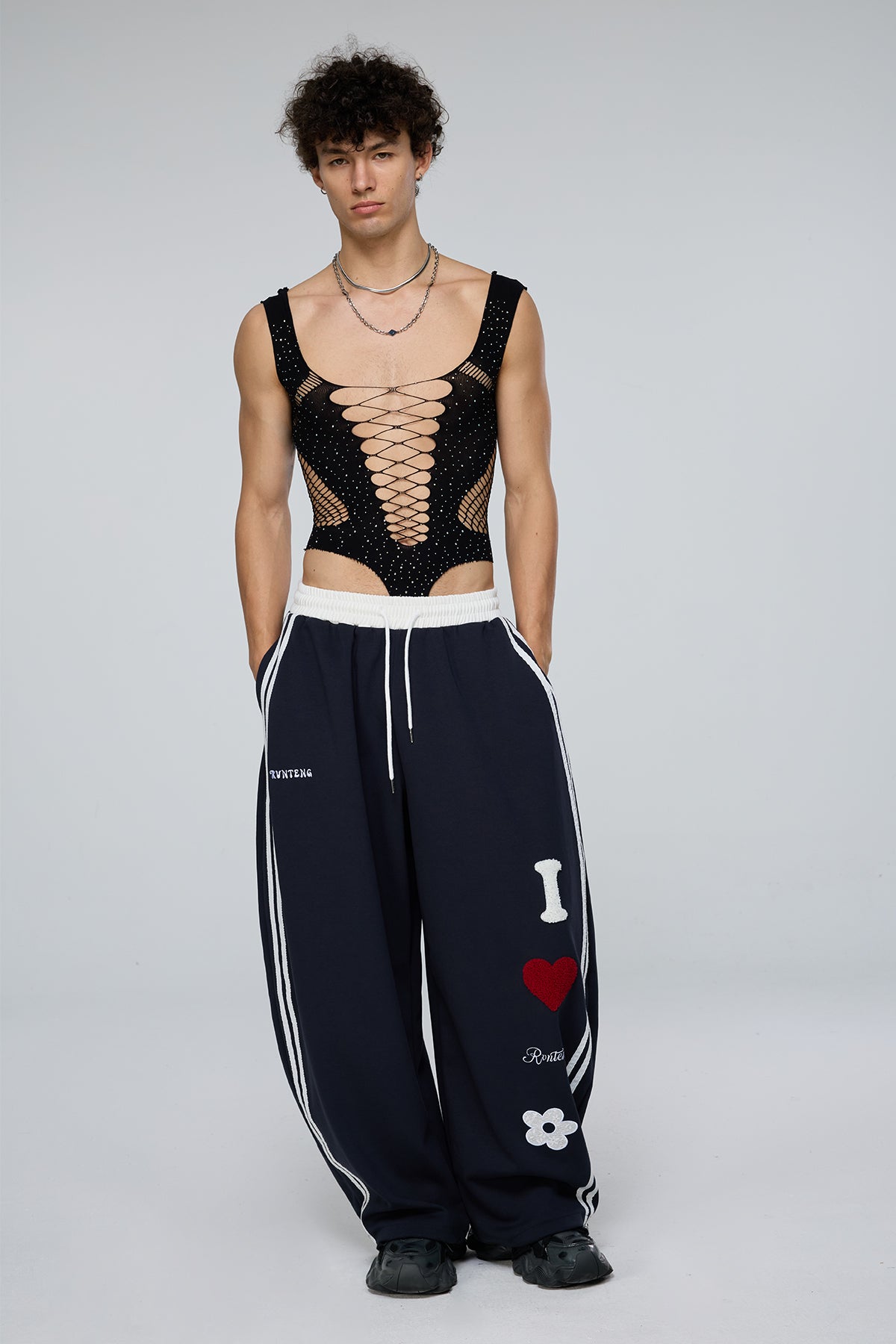 Continuous Shape Rhinestone Fishnet Cutout Bodysuit
