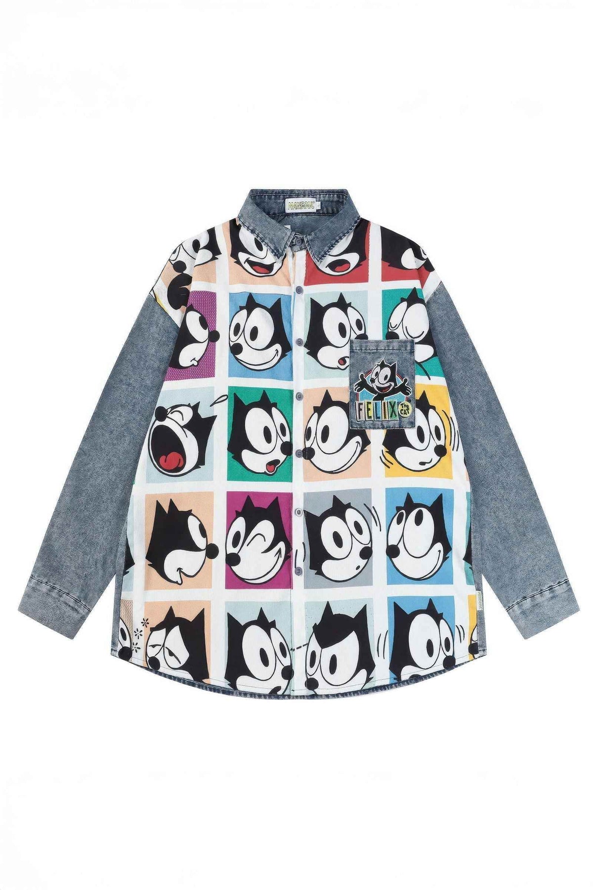 Corduroy & Denim Cartoon Patch Shirt - Unisex Oversized Street Style