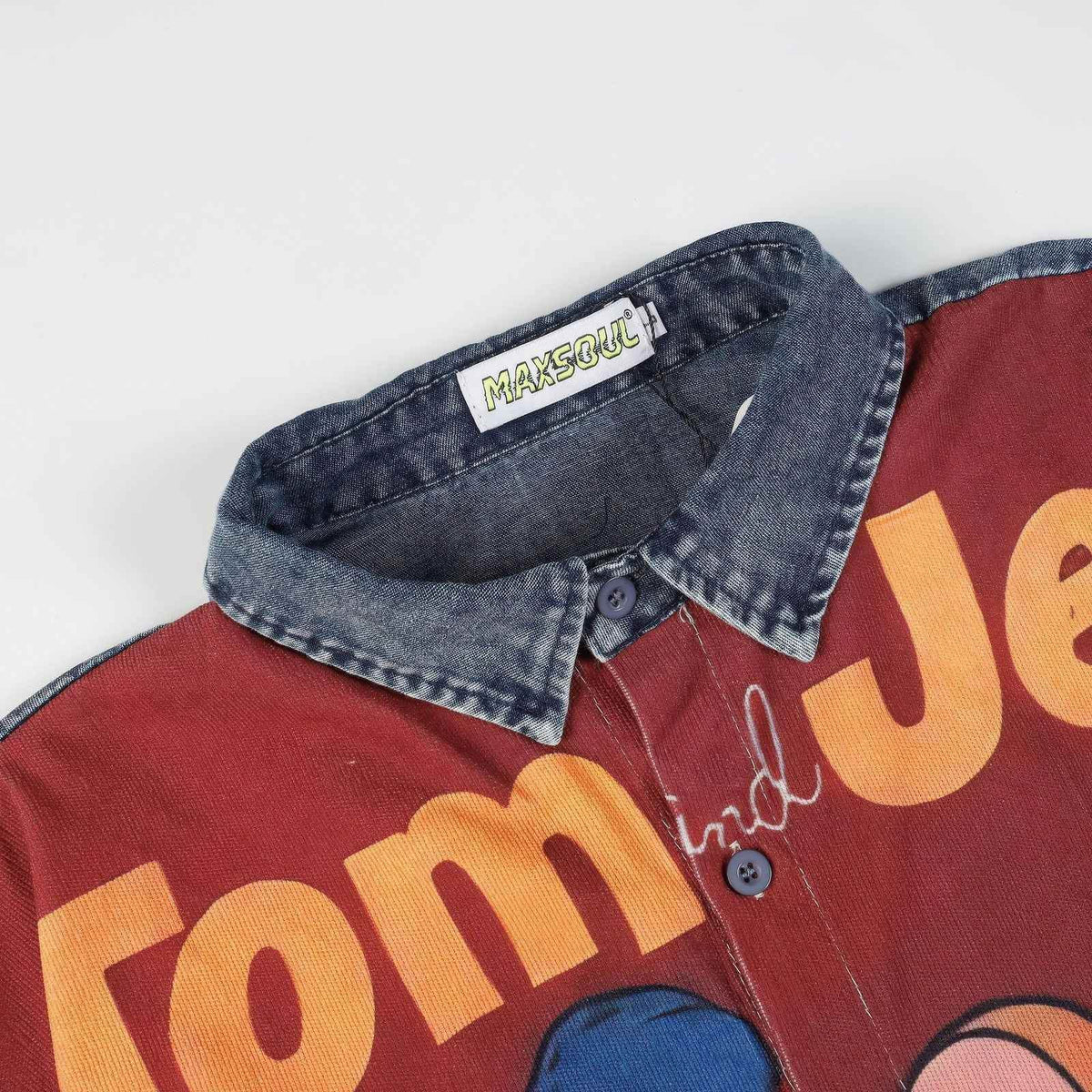 Corduroy & Denim Cartoon Patch Shirt - Unisex Oversized Street Style