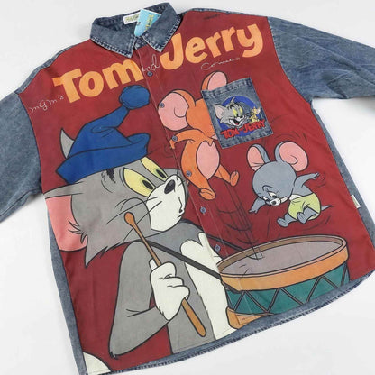 Corduroy & Denim Cartoon Patch Shirt - Unisex Oversized Street Style