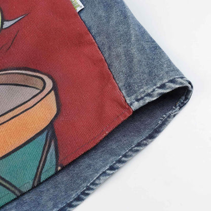 Corduroy & Denim Cartoon Patch Shirt - Unisex Oversized Street Style