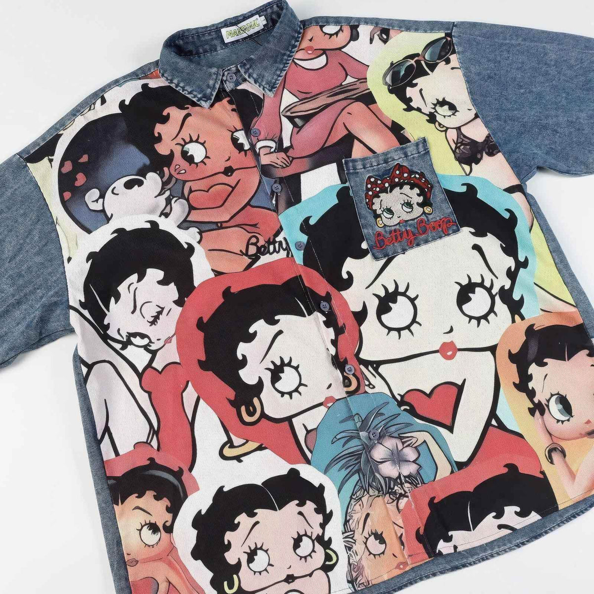 Corduroy & Denim Cartoon Patch Shirt - Unisex Oversized Street Style