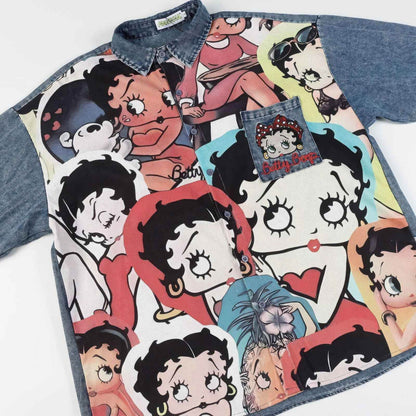 Corduroy & Denim Cartoon Patch Shirt - Unisex Oversized Street Style