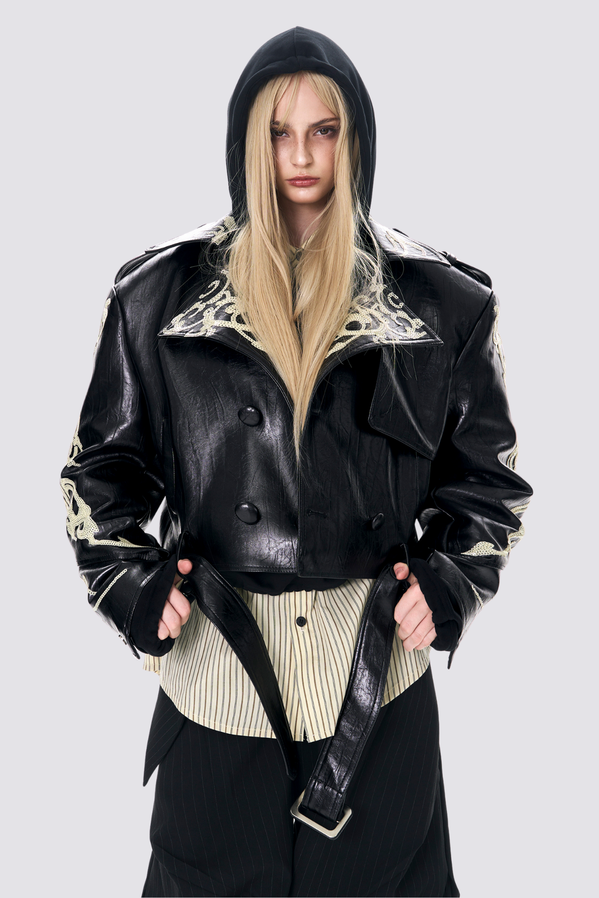 Core Link Sequin Crop Leather Jacket Black