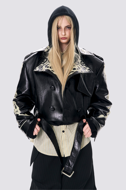 Core Link Sequin Crop Leather Jacket Black