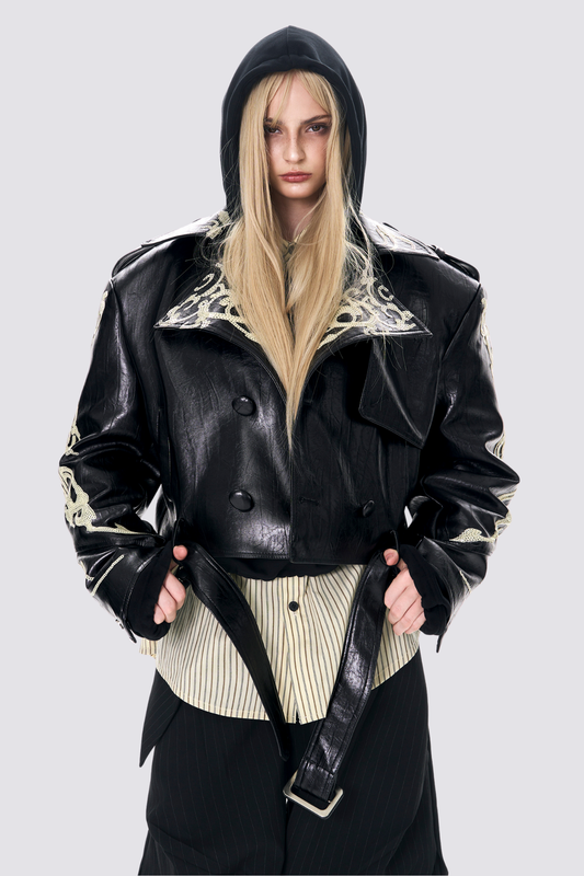 Core Link Sequin Crop Leather Jacket Black