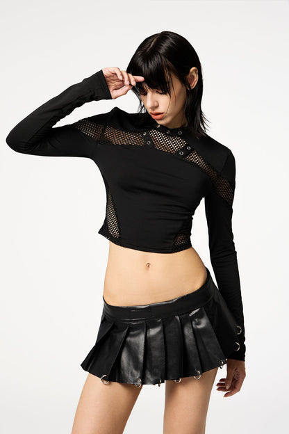 Crop Fever Long Sleeve Mesh Cutouts With Splice Eyelet Top