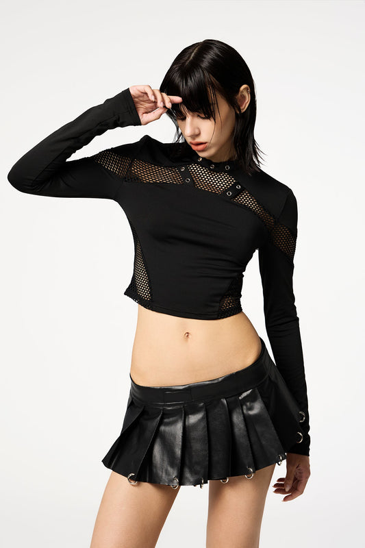 Crop Fever Long Sleeve Mesh Cutouts With Splice Eyelet Top