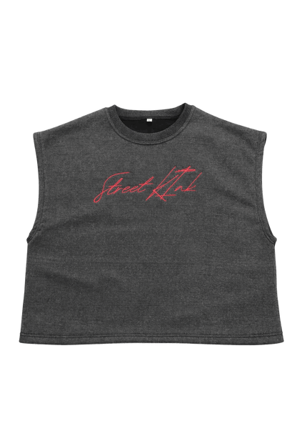 Cropped Cotton Fleece Vest Acid Wash Black
