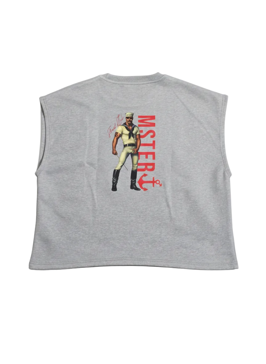 Cropped Cotton Fleece Vest Acid Wash Light Grey