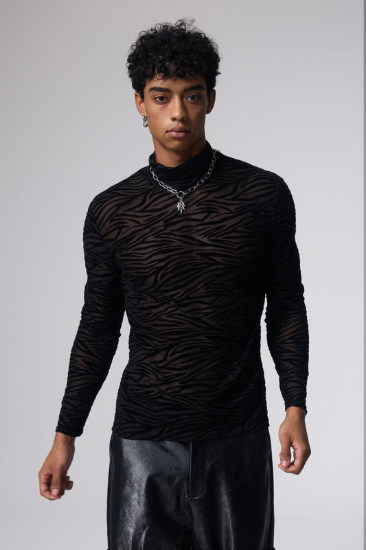 Cross Texture Long Sleeve Mesh Top