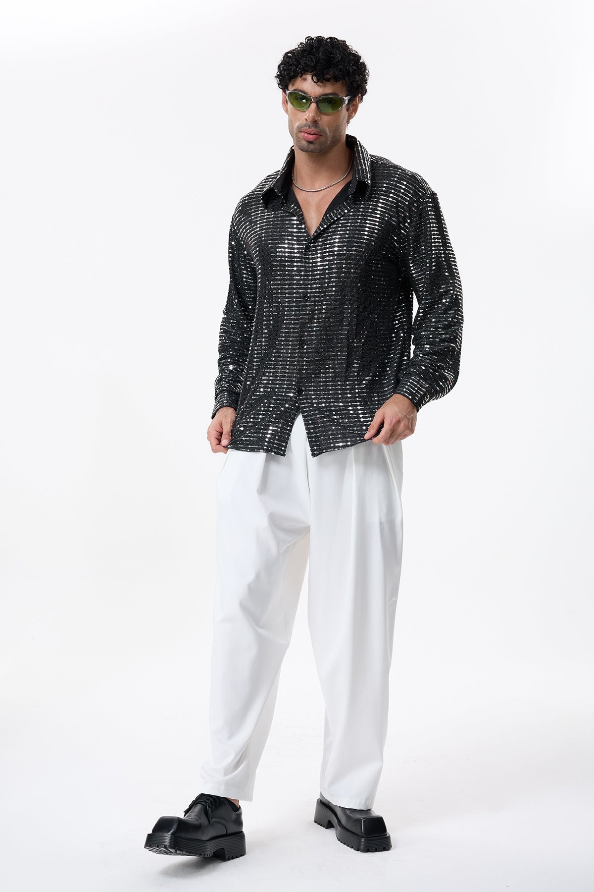 Crystal Edge Sequin Long Sleeve Shirt