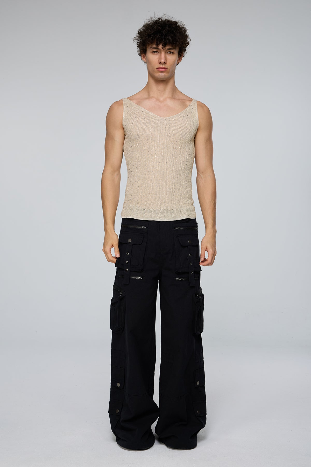 Crystal Impact Rhinestone Tank Top Apricot