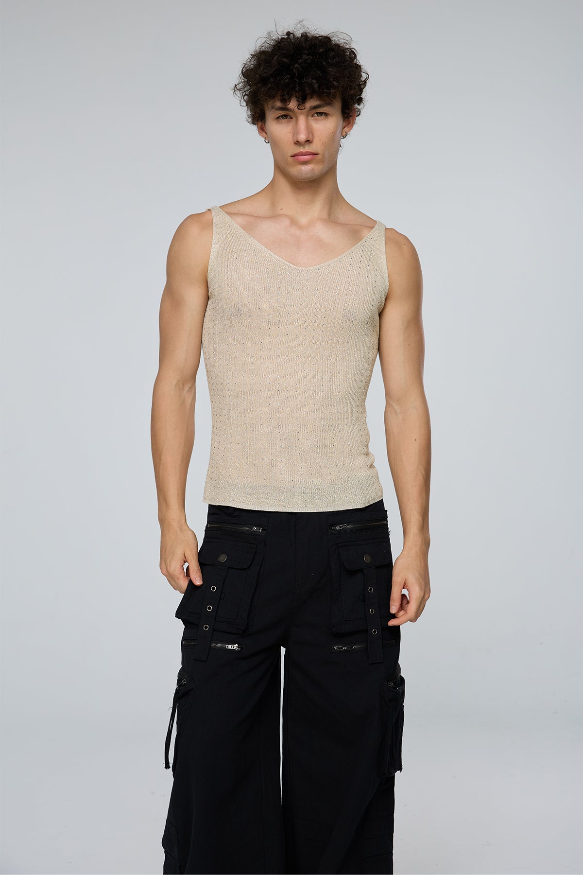 Crystal Impact Rhinestone Tank Top Apricot