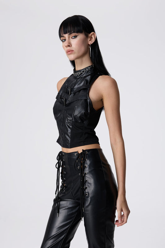 Curve Mark Leather Buckle Crop Top