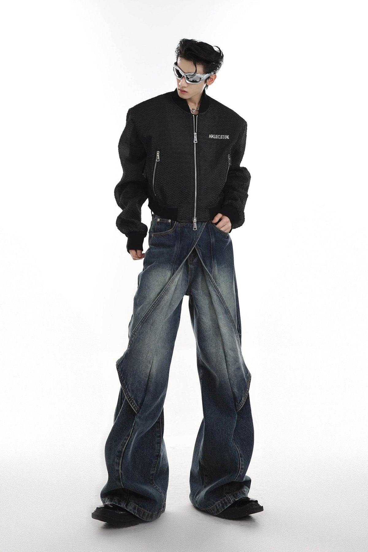 Distressed Denim Patchwork Jeans - Convertible Flare Design