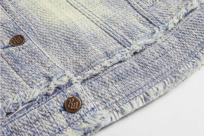 Distressed Denim Vest - Washed Rivet & Frayed Hem Design