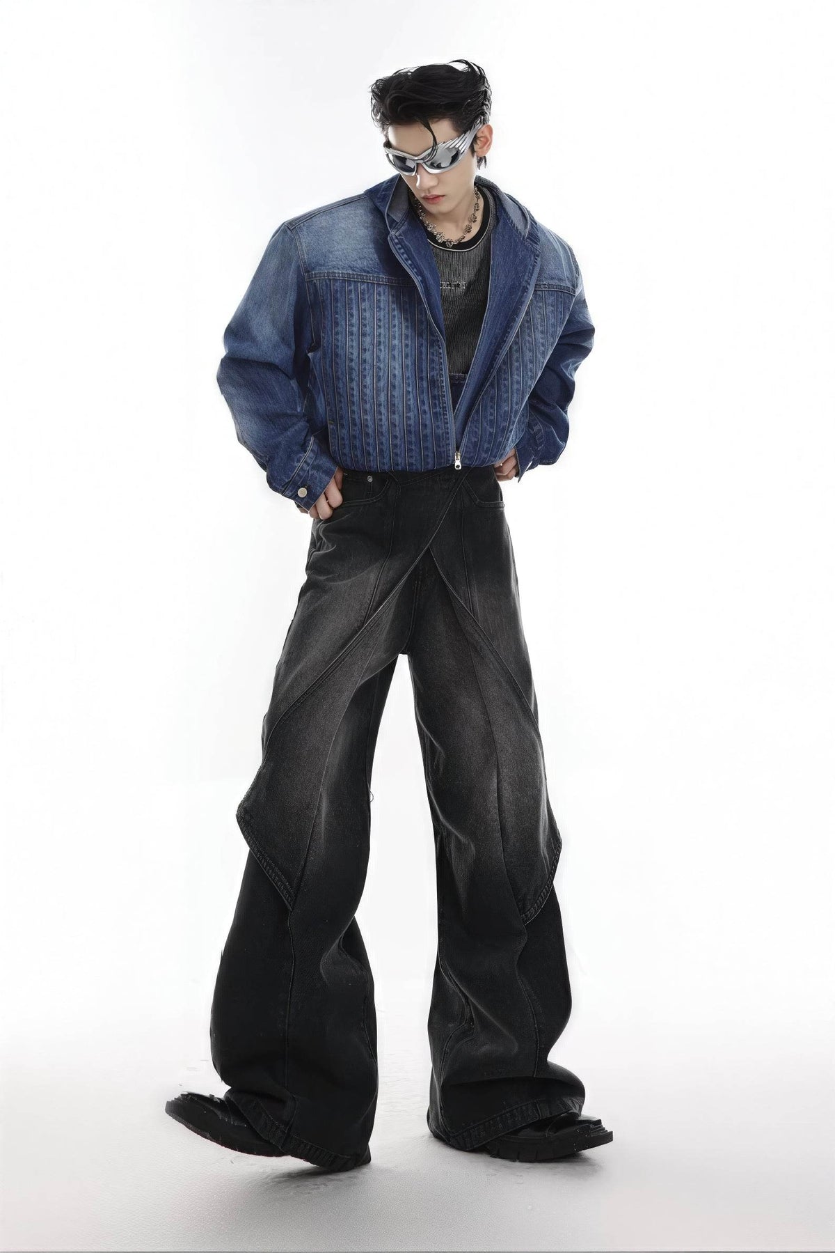Distressed Denim Patchwork Jeans - Convertible Flare Design