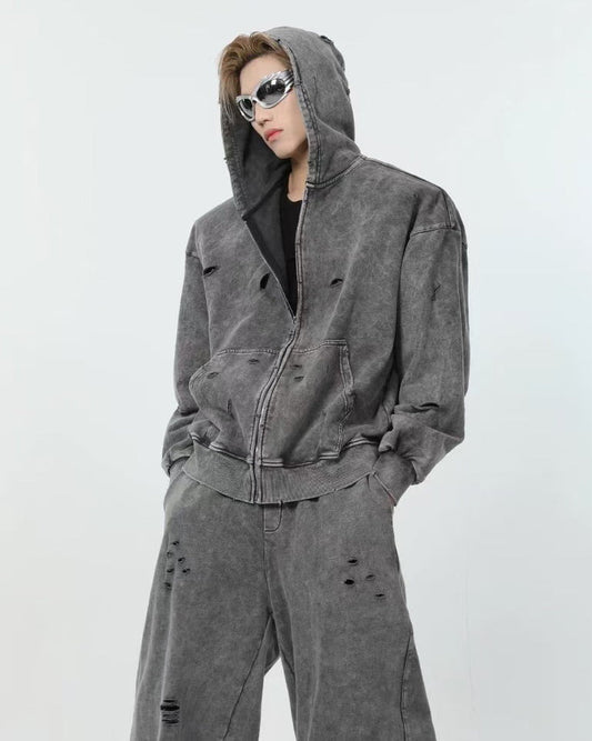 Distressed Washed Zip-Up Hoodie