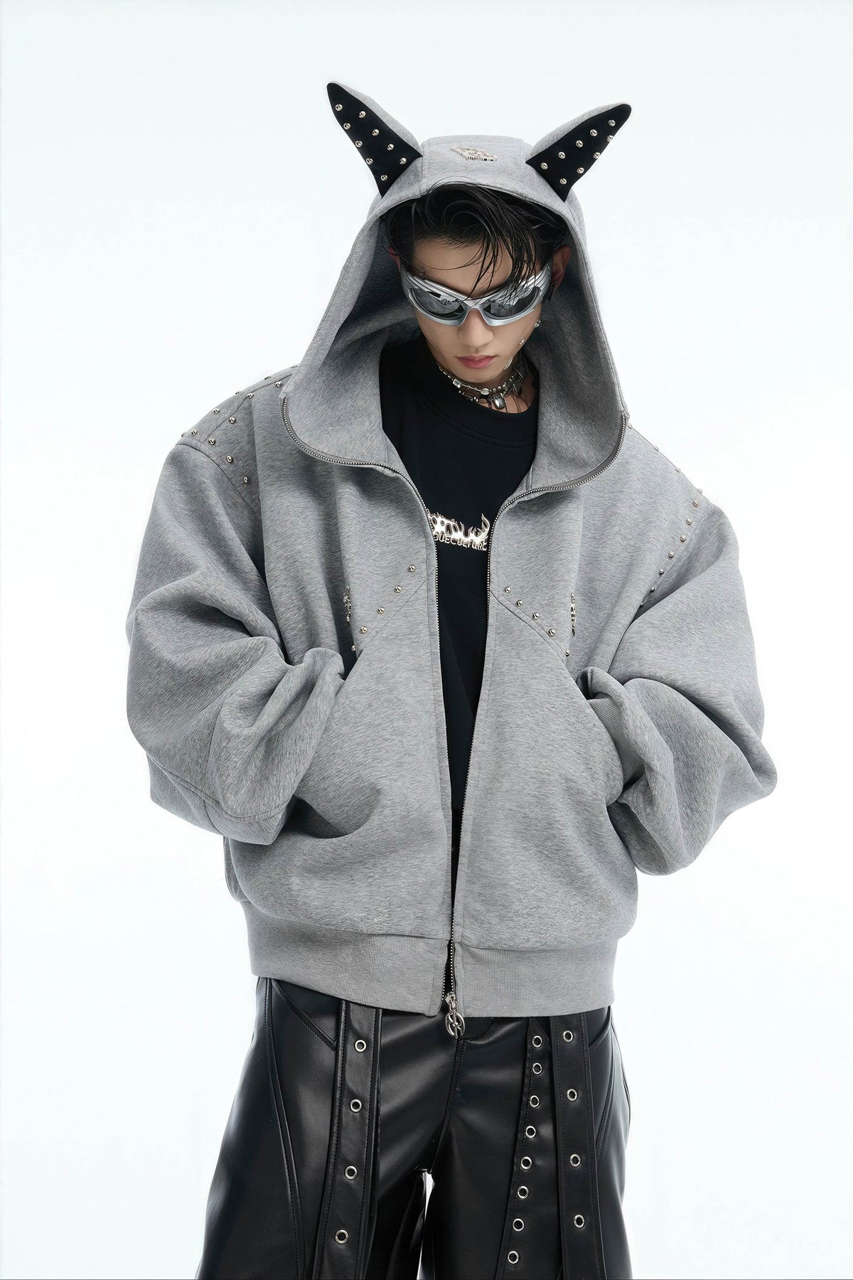 Doberman Dog Hooded Jacket with Rivet Accents