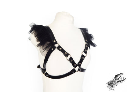 Black Vegan Leather Ruffled Harness Bra