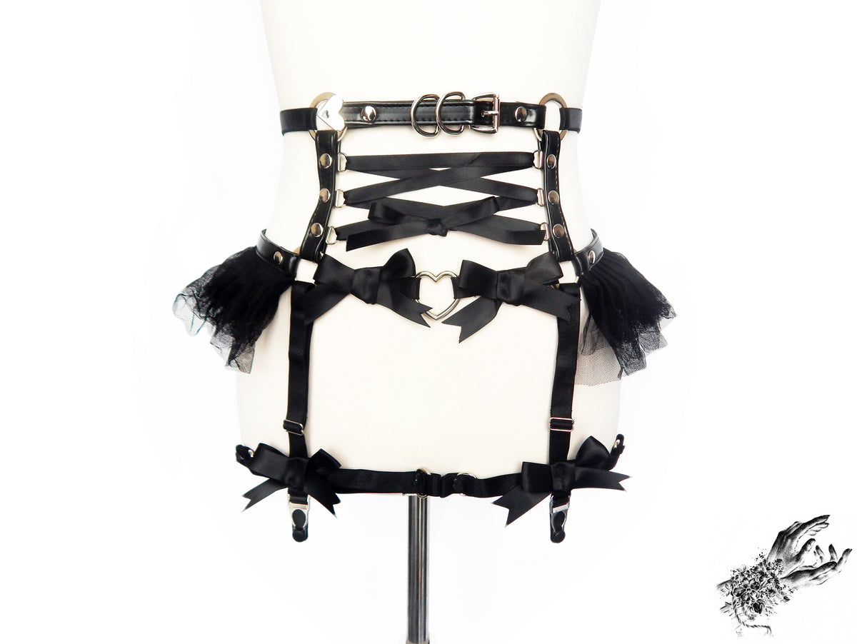 Black Vegan Leather Corset Garter Belt